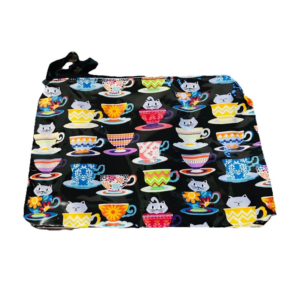 VTG Yancha COSMETIC/TRAVEL BAG Gray Funny Cat Coffee Teacup Makeup Bag Zipper